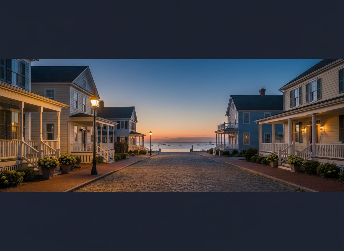 A serene coastal waterfront street scene in Cape Charles, Virginia at dusk. Historic charming beach homes line a quiet street, a classic black lamp post glows warmly, calm bay water visible at the end of the street reflecting the soft orange and deep blue twilight sky. Sophisticated, professional, warm coastal atmosphere, not kitschy. Photographic realism, wide cinematic composition suitable for a dark navy overlay with text on top.