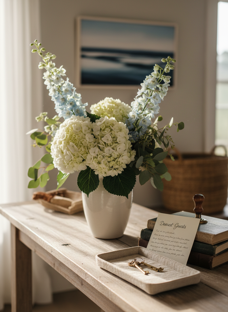 Welcoming entry table with fresh flowers, keys, and a handwritten note in a thoughtfully managed coastal home