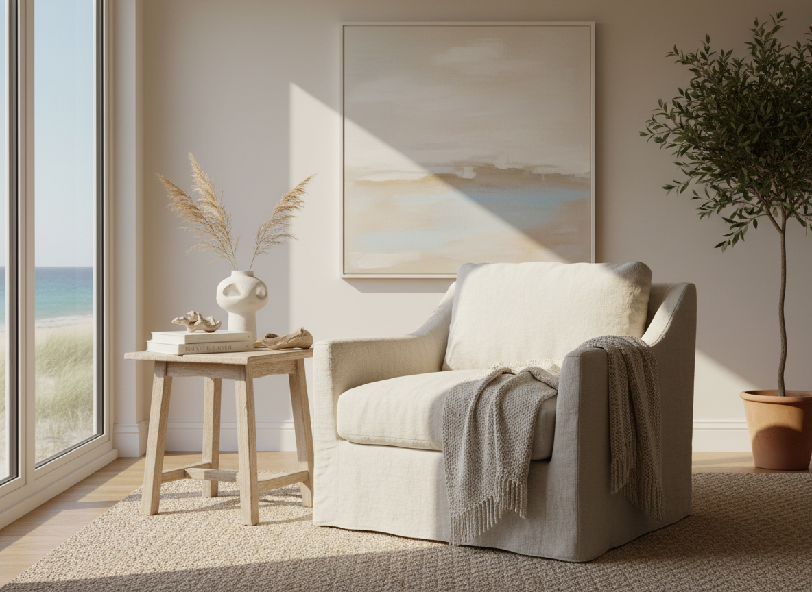 Serene interior detail of a beautifully appointed coastal vacation home with soft linen textures and warm natural light